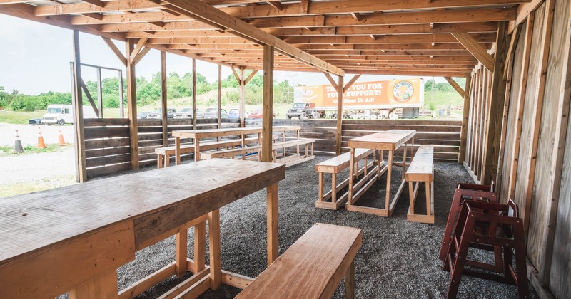 Benches and tables in the covered shed, low angle view