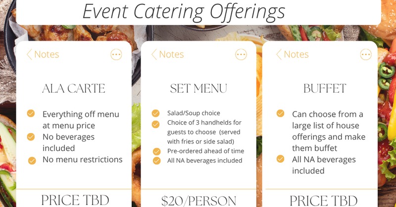 Menu outlines three event catering options: Ala Carte, Set Menu, and Buffet