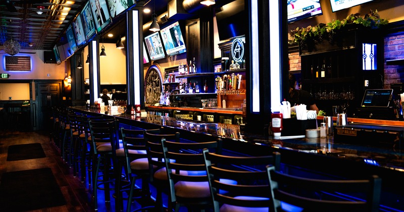 Bar, chairs, tv screens