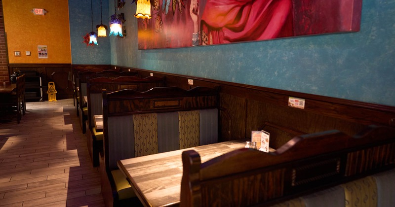Interior, seating area with booths and tables
