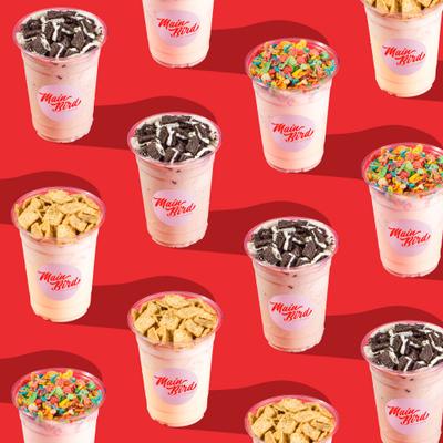 Oreo, Fruity Pebbles, and Cinnamon Toast Crunch milkshakes.