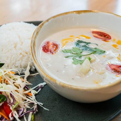 Thai coconut soup with rice and cabbage slaw.
