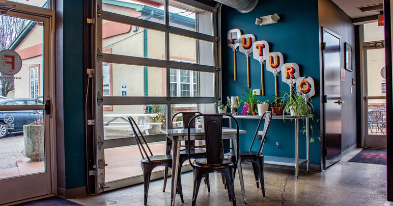 Interior, seating area, table near the window