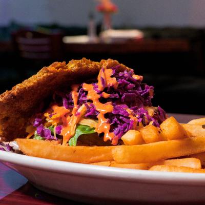Plantain sandwich and fries.