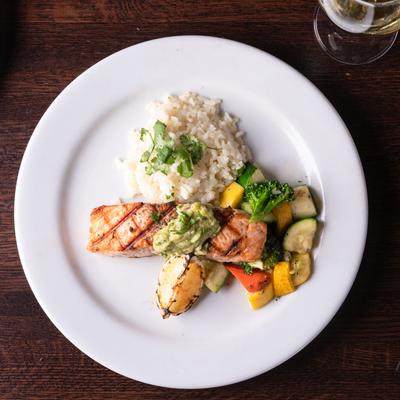 Grilled salmon, veggies, and cilantro risotto.