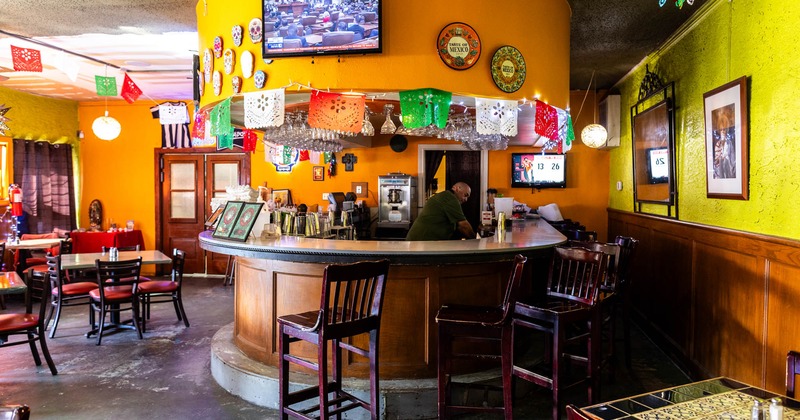 Interior, bar area, bar and bar stools