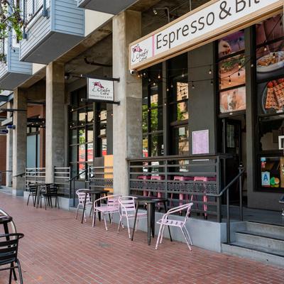 Exterior, side walk seating area.
