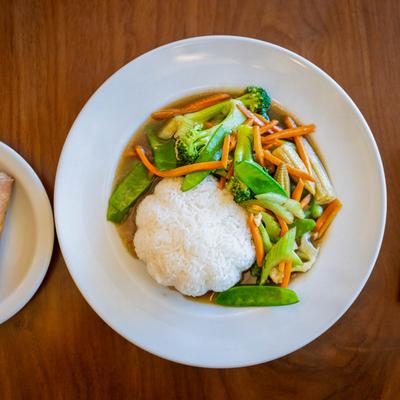 Stir fried mixed vegetables, top view.
