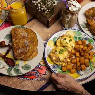 Breakfast dishes and drinks.