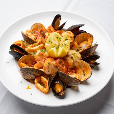 Seafood Fra Diavolo with clams, mussels, shrimp, scallops, and calamari.