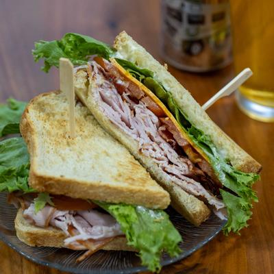 Turkey club sandwiches, closeup.