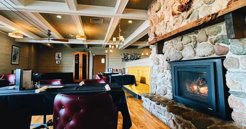 Interior, tables and fire place