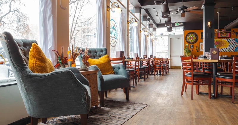 Inside seating area next to windows