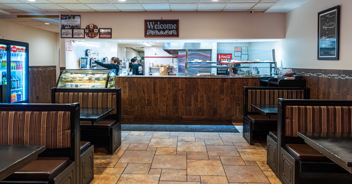 Interior, diner area, wide view, booths
