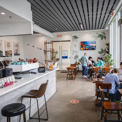 Coffee bar and seating area.