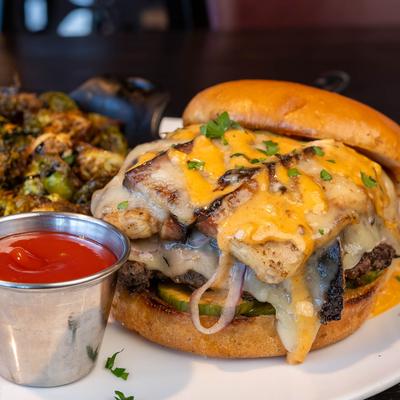 Summit Burger, roasted Brussels sprouts and house burger sauce. Lunch Sierra Grill..