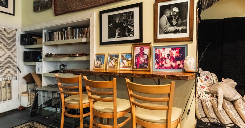Interior, high chairs near wall table
