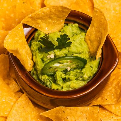 Guacamole served with tortilla chips.