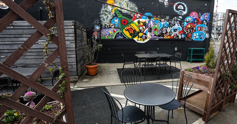 Patio, tables and chairs, wall mural