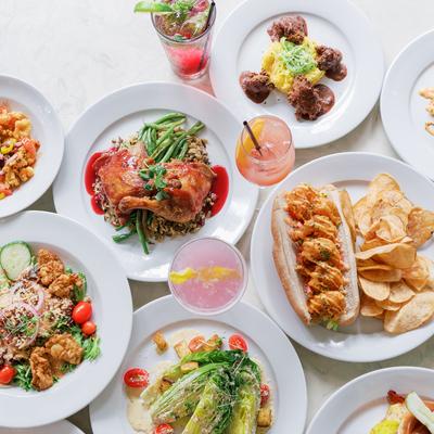 Assorted Southern dishes and cocktails on a table
