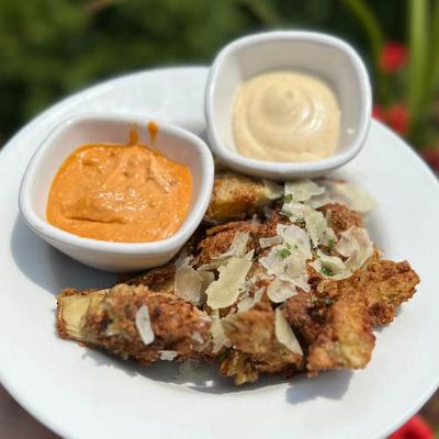 Breaded Artichokes with Chipotle Honey Whipped Feta, Lemon Aioli.