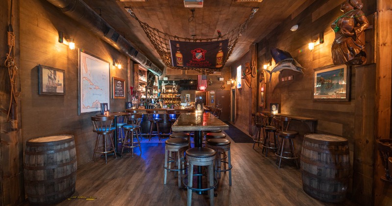 Interior, wooden, inside of a ship ambient design, seating and bar area