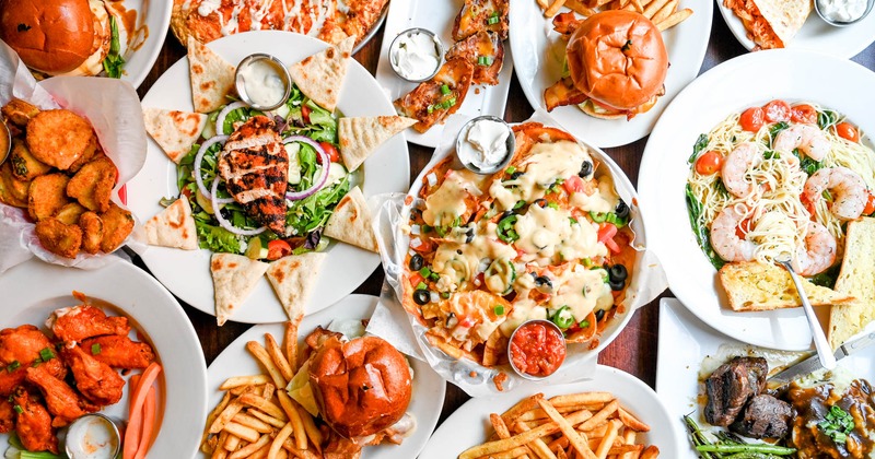 Various dishes on a table, top view