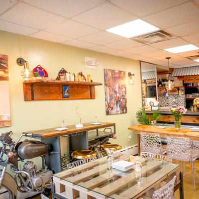 Diner table, bar behind.