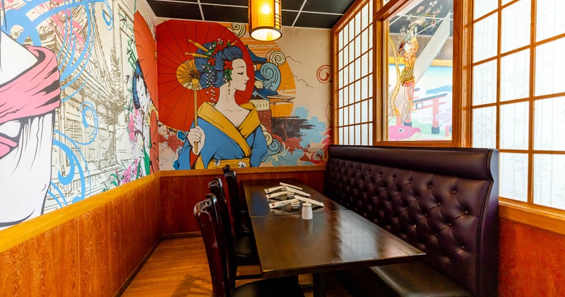 Interior, private seating with a modern mural depiction of geisha
