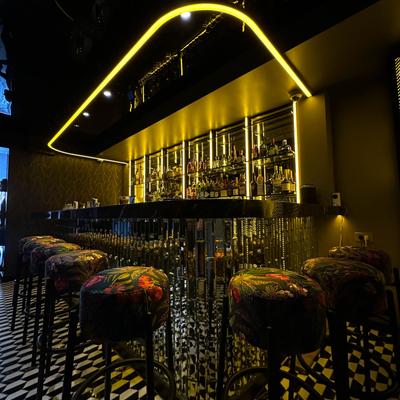 Interior, bar area and stools.