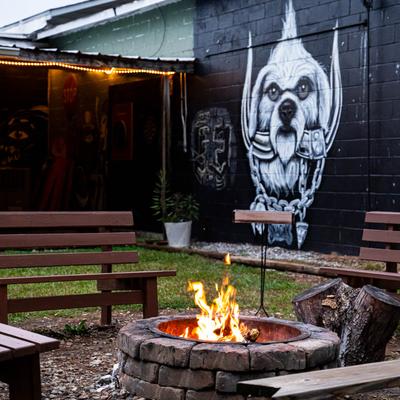 The fire pit at the exterior patio.