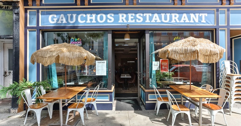 Exterior, outdoor seating and straw umbrellas