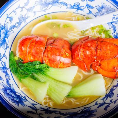Lobster noodle soup, top view.