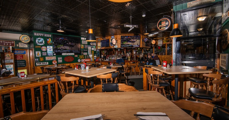 Interior, wooden tables and chairs