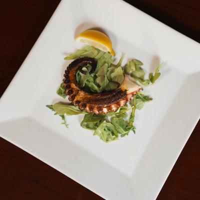 Grilled octopus tentacle on a bed of arugula.