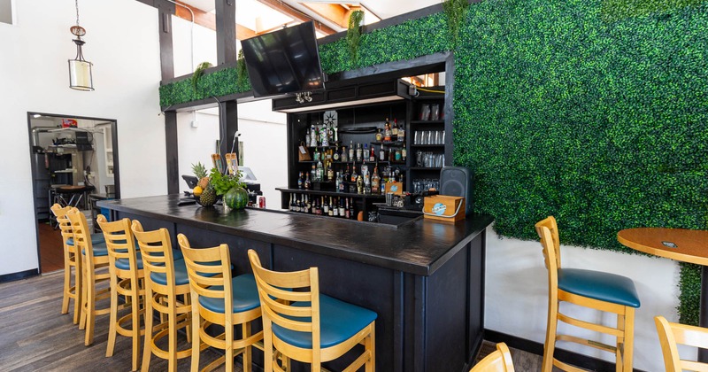 Bar and bar stools neatly lined up