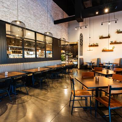 Interior, dining area, tables and seating.