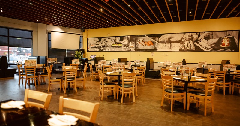 Interior, booths, tables and chairs ready for guests