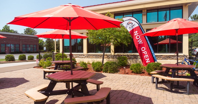Exterior, patio, table, chairs, parasol