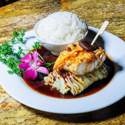 Seabass served with white rice.
