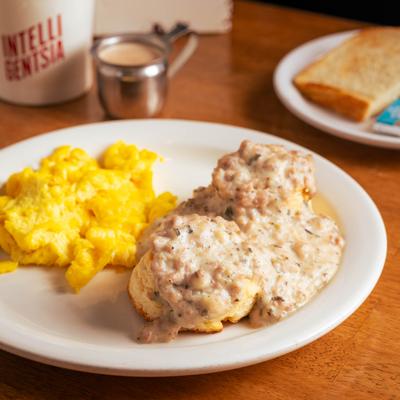 Biscuits, sausage gravy and eggs.