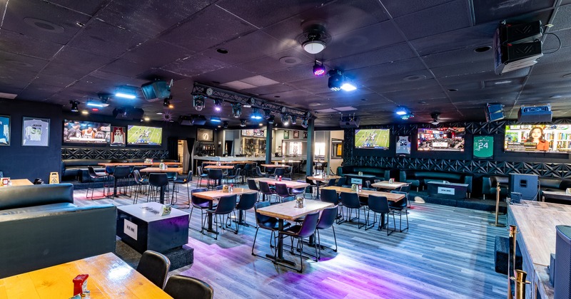 Diner area, tables, chairs, wide view