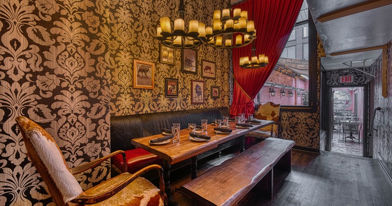 Interior, table set for guests in dining area