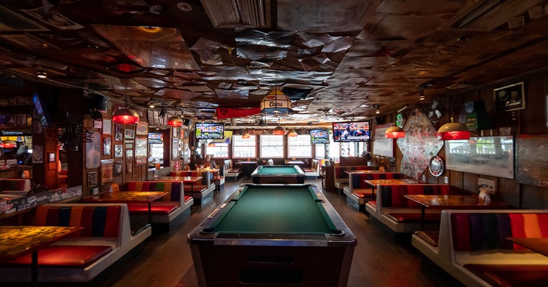 Interior, pool tables in dining area