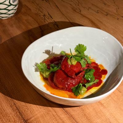 Shrimp tossed in a savory chintextle sauce with guajillo and morita chilies.