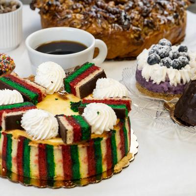 Assorted cakes and desserts.