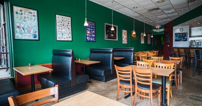 Interior, tables, chairs and sitting booths