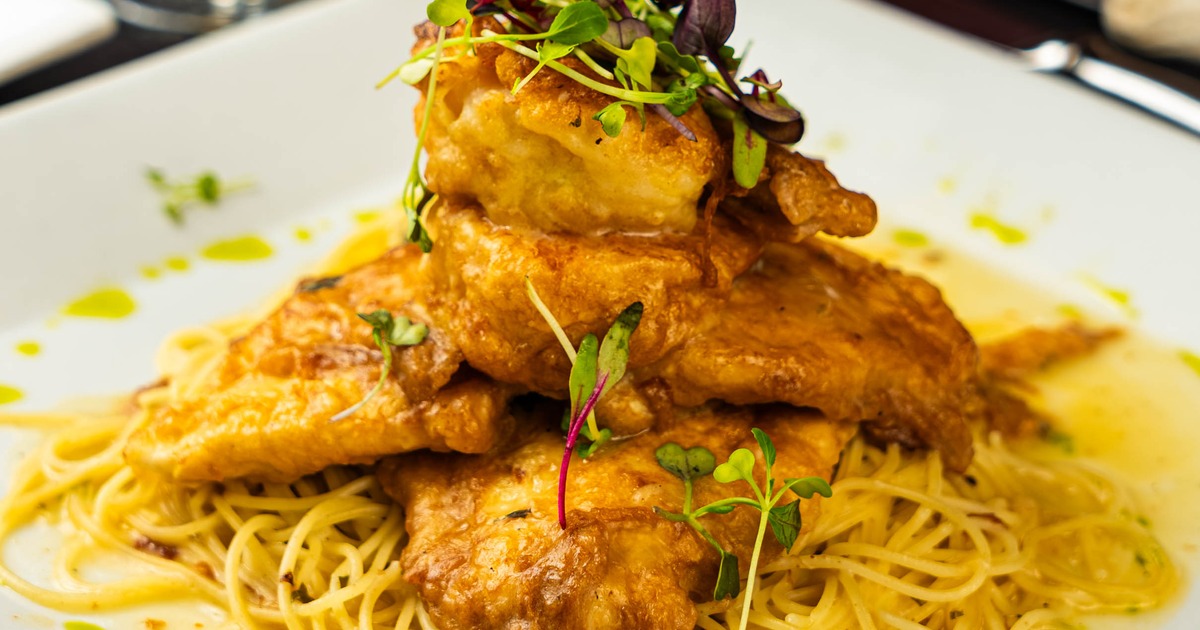 Chicken a d shrimp Francese served over angel hair pasta