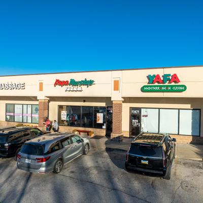 Exterior, aerial view to restaurant and parking lot.