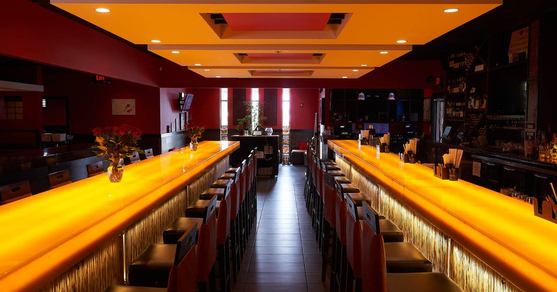 Inside, high tables and counters